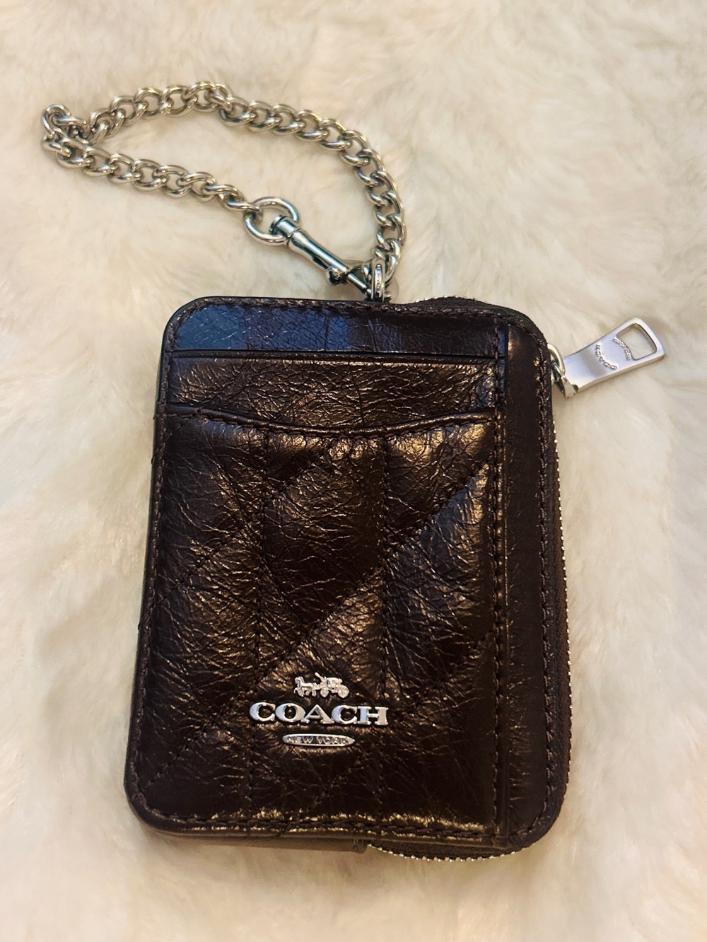 Coach Dark Brown Glzd Qlt Leather Card Wallet with Silver Chain